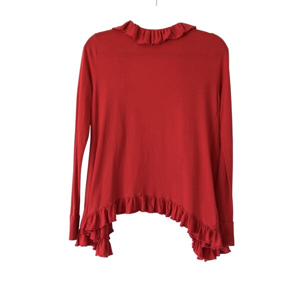 Stephanie B Red Ruffled Open Front Cardigan Sweater S 100% Pima Cotton Layer - Picture 5 of 6